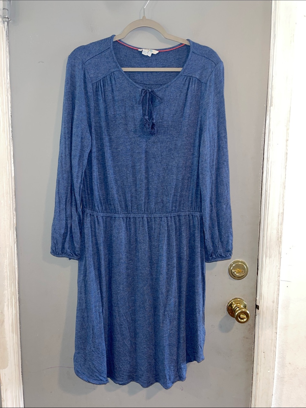 Boden Women's Jersey‎ Day Dress Blue L/S Tassles Linen Bend V-Neck Size 12L